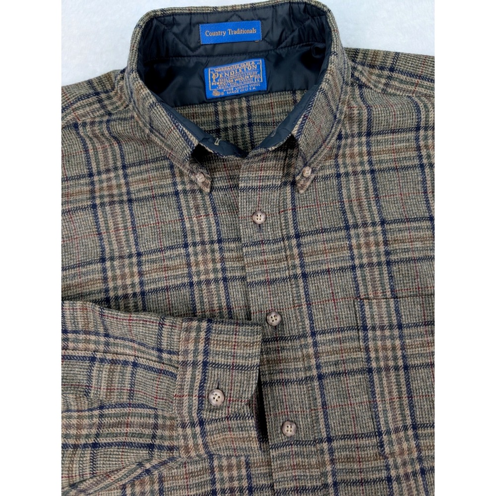 Pendleton Country Traditionals Shirt Men's L Brown Plaid Wool Button Up Made USA